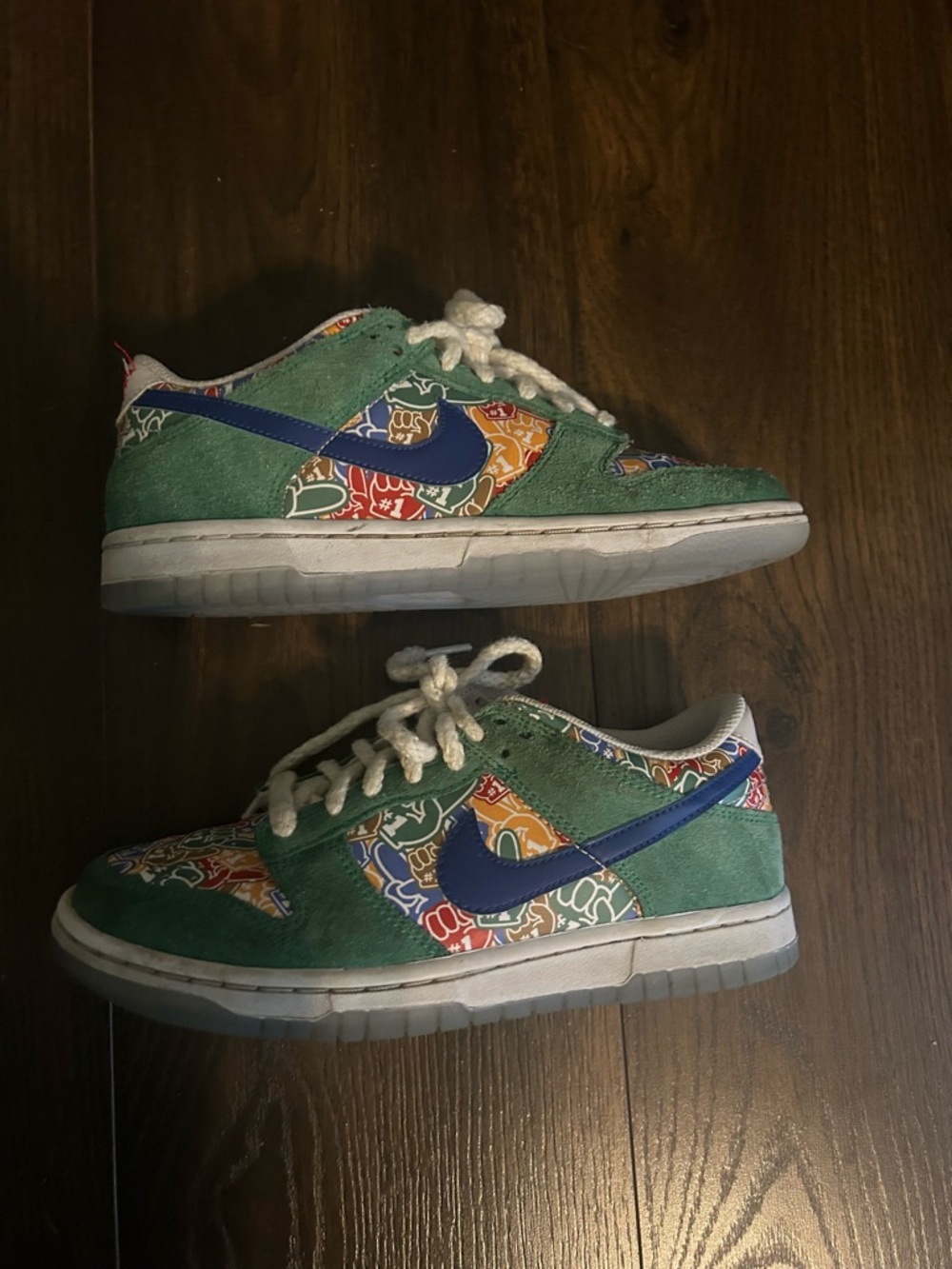 Nike Kids Green Suede Low-Top Sneakers with Blue Swoosh and Multicolor Pattern